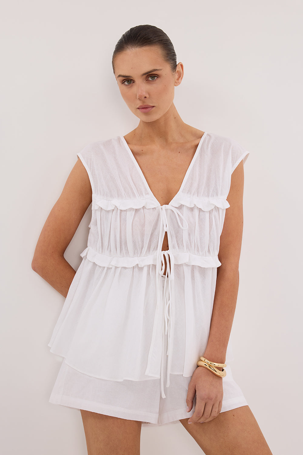 Quinn White Linen Ruffle Blouse with V-Neck & Tie Details