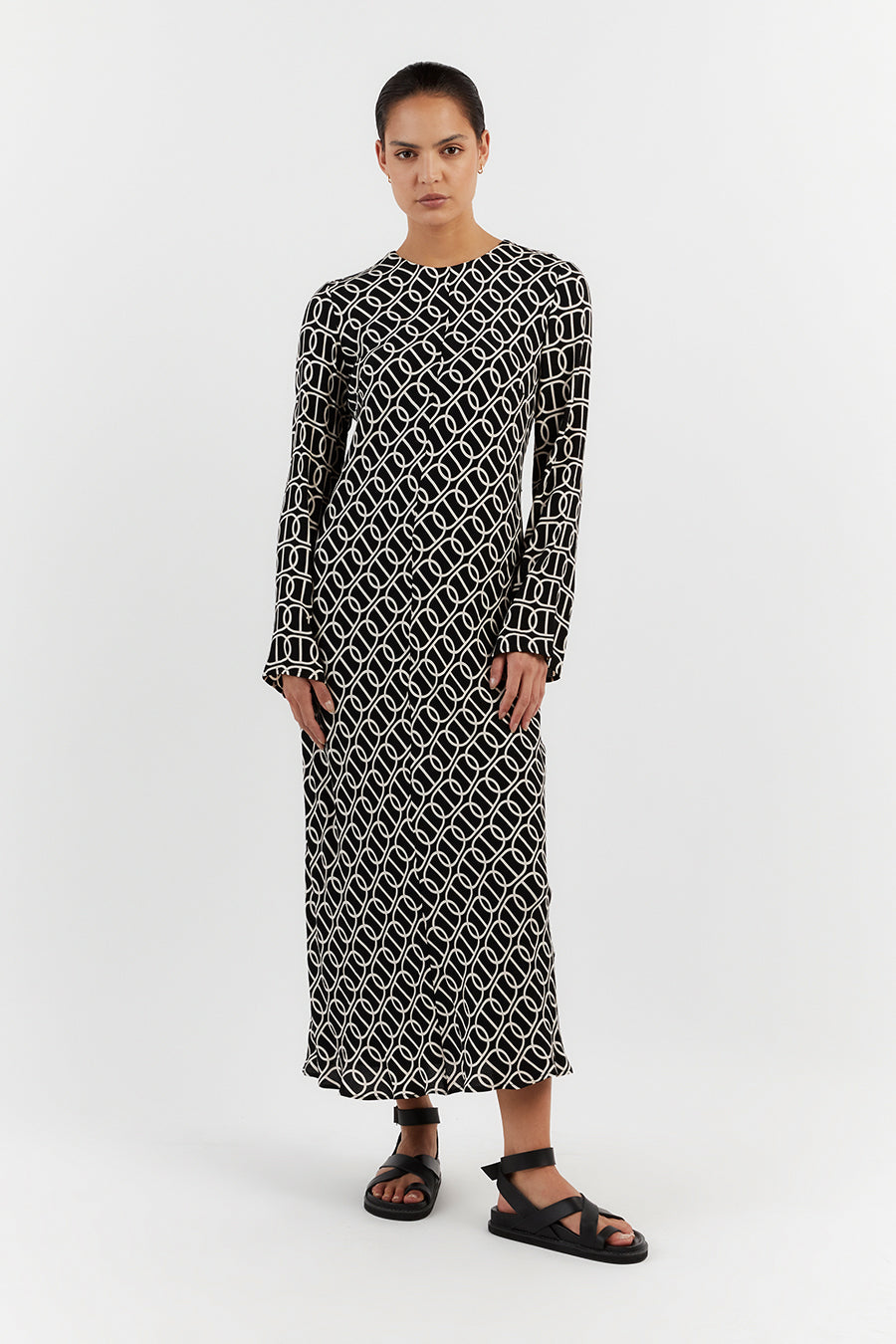 Izzie Chain Adjustable Tie Waist Midi Dress with Long Sleeves