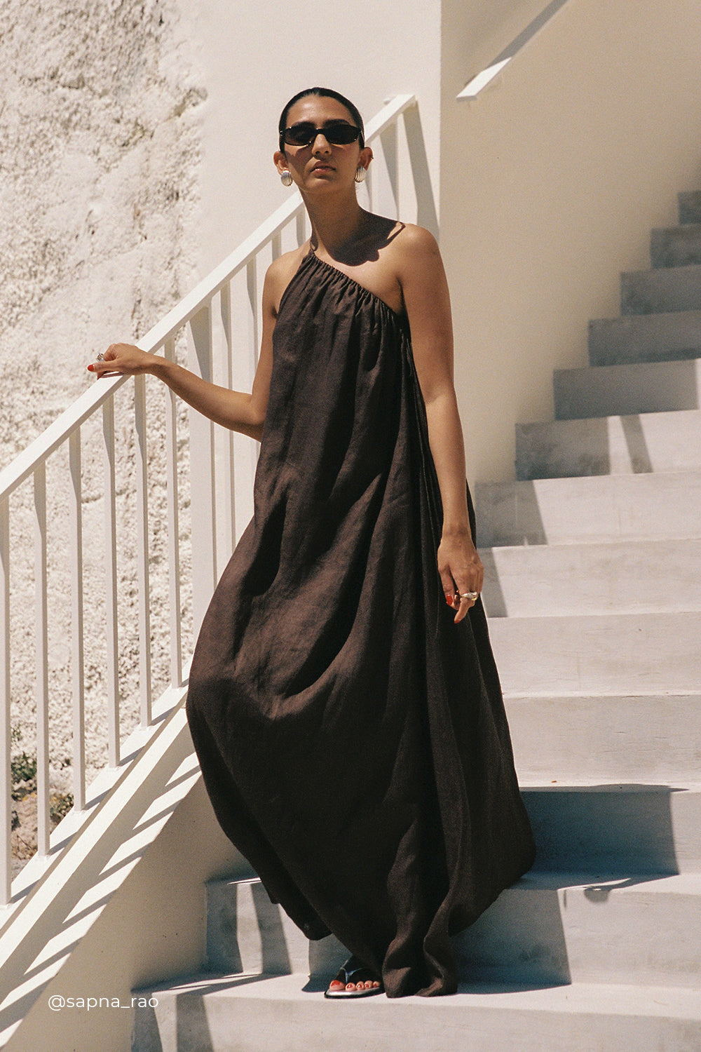 Alma Bitter Chocolate Linen Midi Dress - Asymmetrical One Shoulder