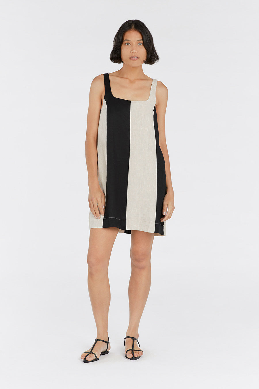AGI Linen Mini Dress - Sleeveless Square Neck Block Color