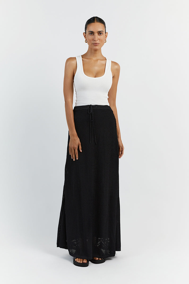 Ophelia Black Crochet Midi Skirt - High Waist Lined Stretch Knit