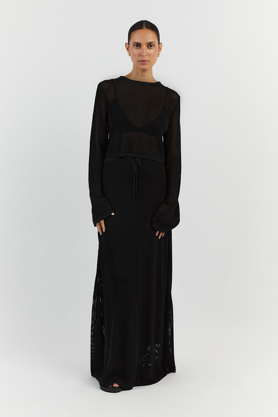 Ophelia Black Crochet Midi Skirt - High Waist Lined Stretch Knit