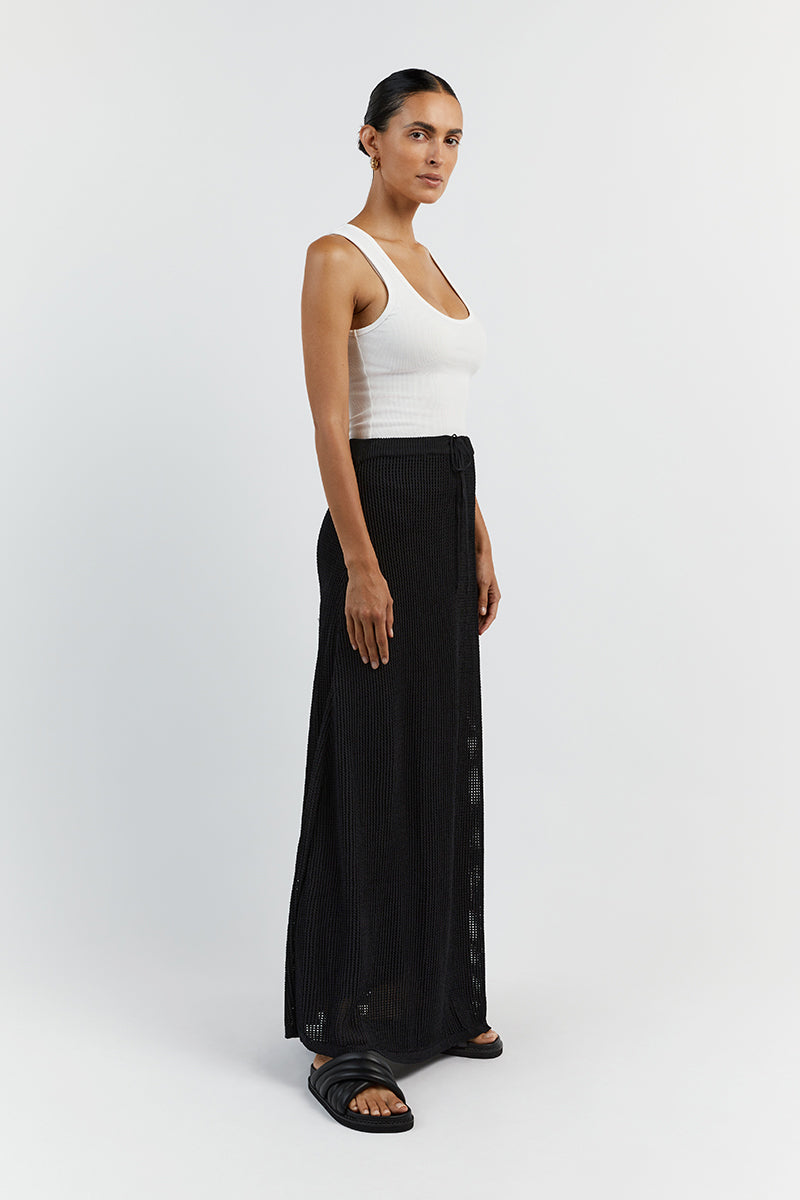 Ophelia Black Crochet Midi Skirt - High Waist Lined Stretch Knit