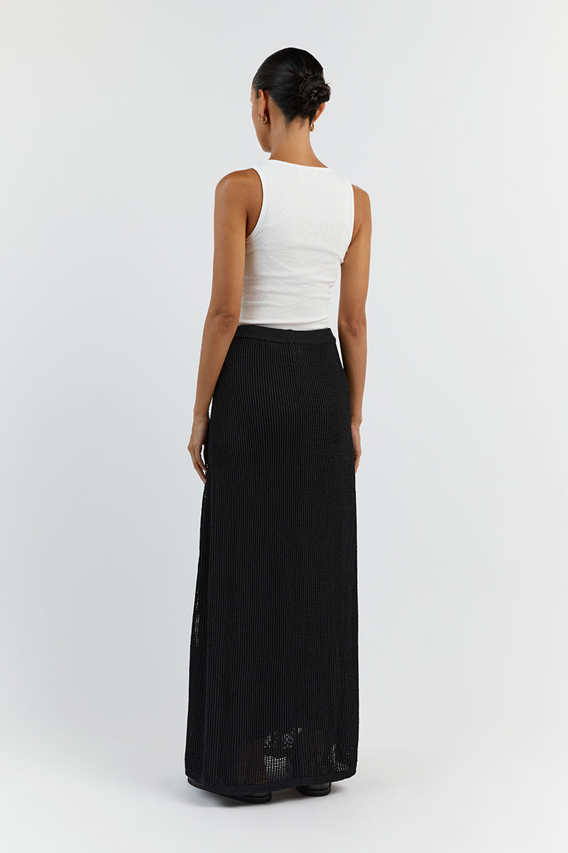 Ophelia Black Crochet Midi Skirt - High Waist Lined Stretch Knit