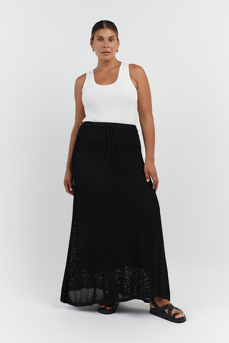Ophelia Black Crochet Midi Skirt - High Waist Lined Stretch Knit