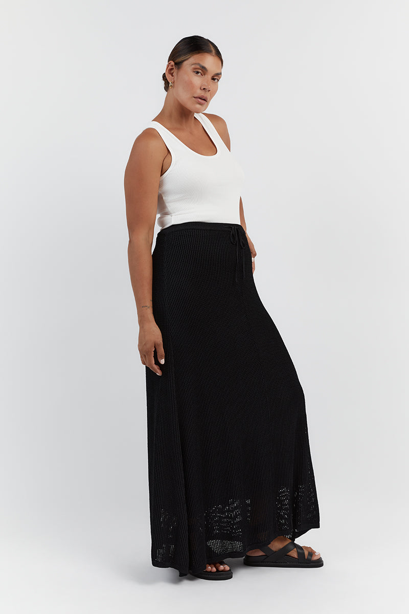 Ophelia Black Crochet Midi Skirt - High Waist Lined Stretch Knit