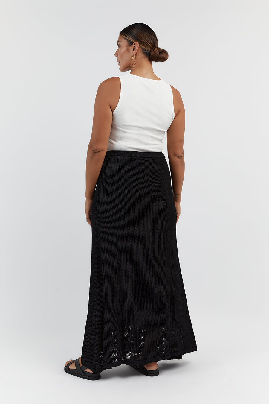 Ophelia Black Crochet Midi Skirt - High Waist Lined Stretch Knit