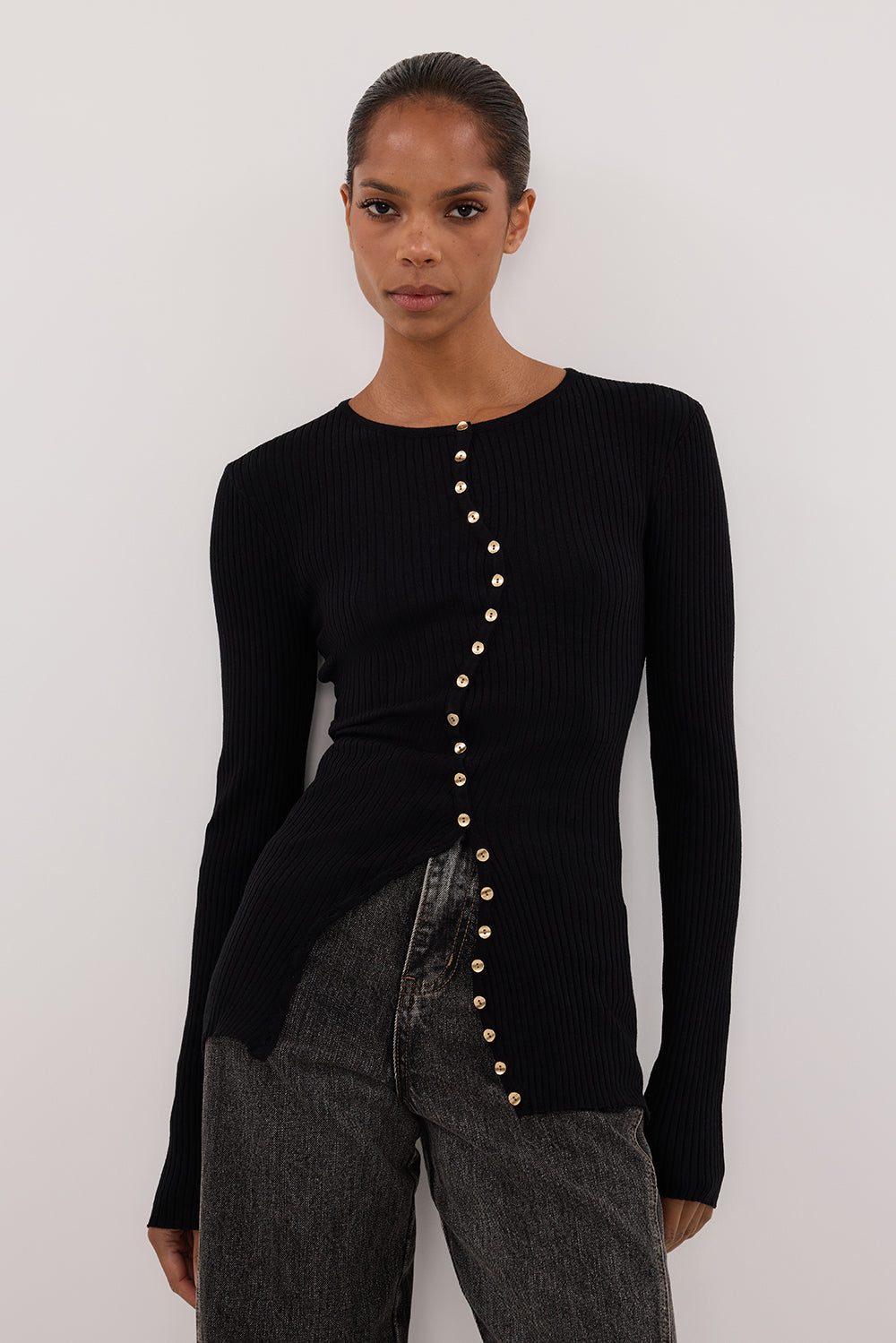Black Ribbed Knit Cardigan with Gold Buttons – Long Sleeve Crew Neck