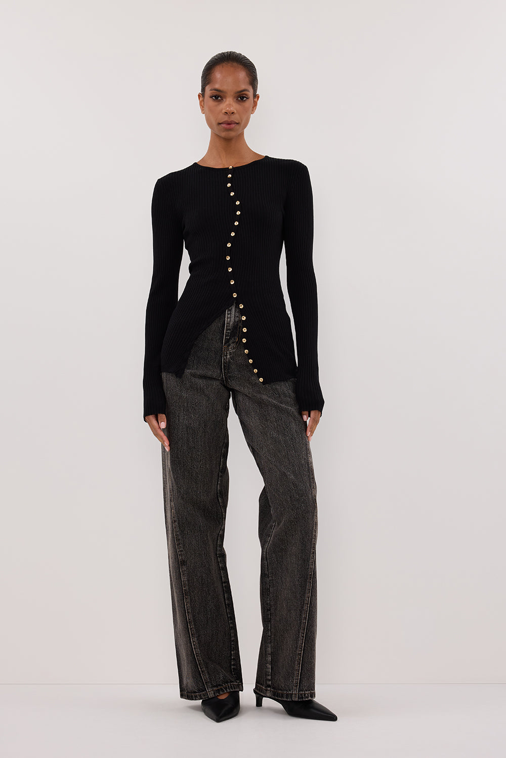 Black Ribbed Knit Cardigan with Gold Buttons – Long Sleeve Crew Neck