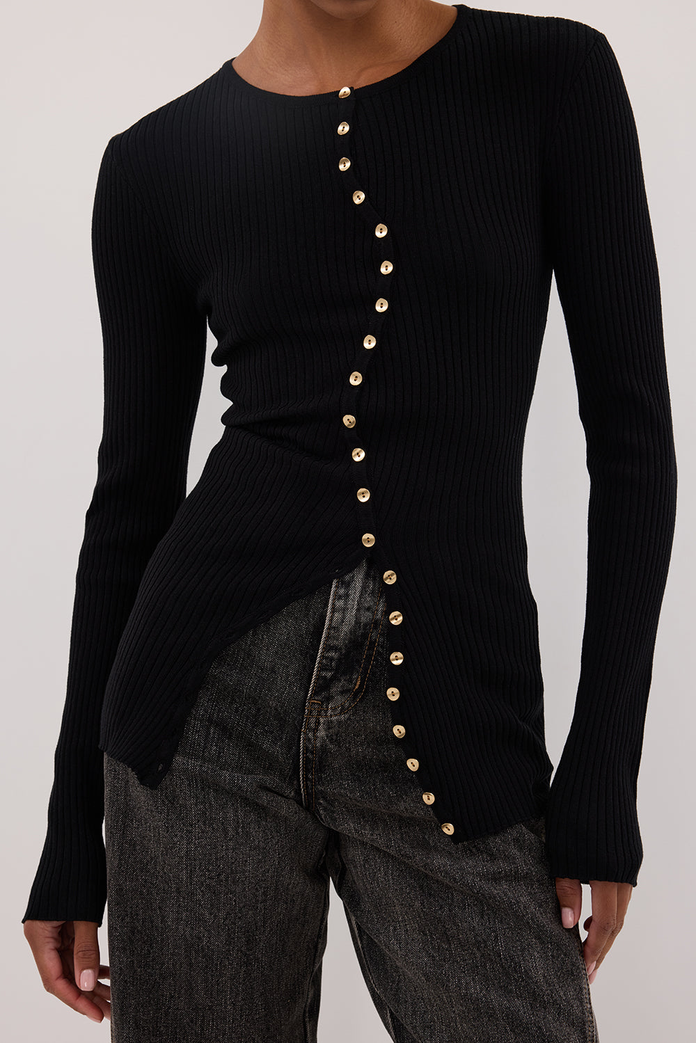 Black Ribbed Knit Cardigan with Gold Buttons – Long Sleeve Crew Neck
