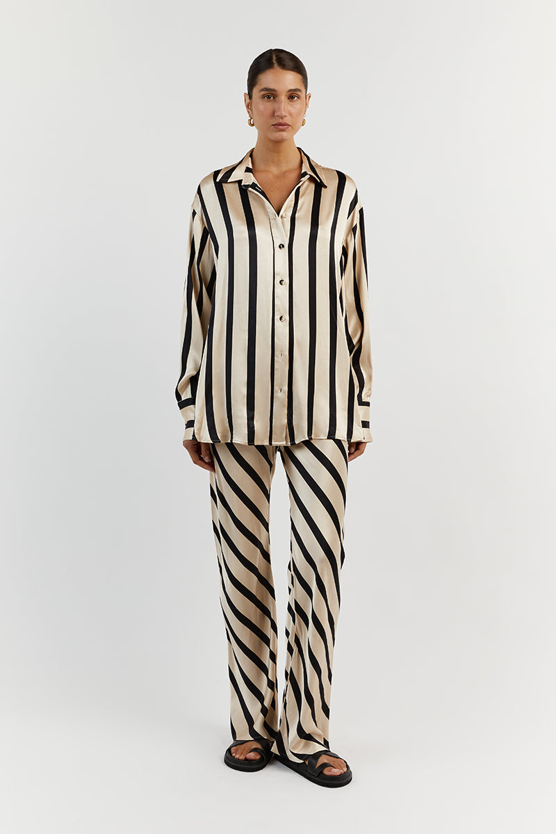 Pippa Stone Oversized Satin Shirt - Long Sleeve Button Up
