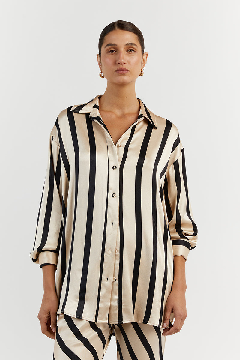 Pippa Stone Oversized Satin Shirt - Long Sleeve Button Up