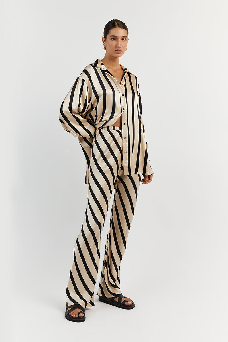 Pippa Stone Oversized Satin Shirt - Long Sleeve Button Up