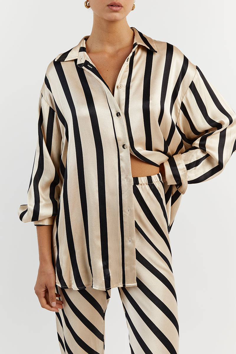 Pippa Stone Oversized Satin Shirt - Long Sleeve Button Up