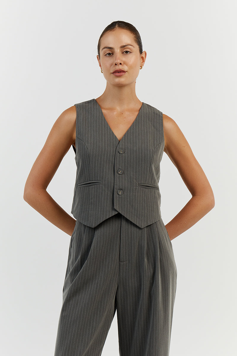 Diego Grey Pinstripe Suit Vest - Lightweight Sleeveless V-Neck