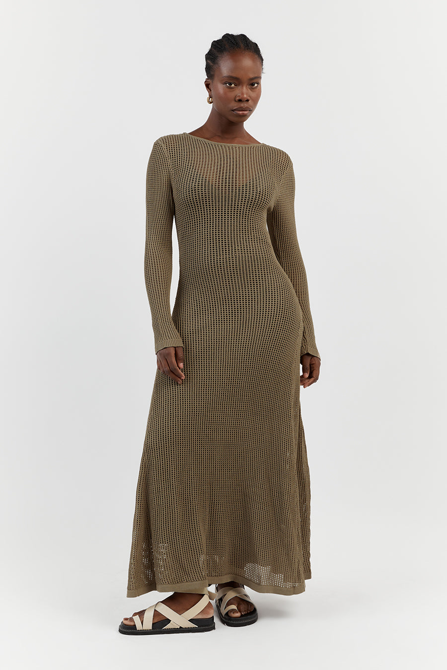 Ophelia Moss Green Crochet Maxi Dress with Removable Lining