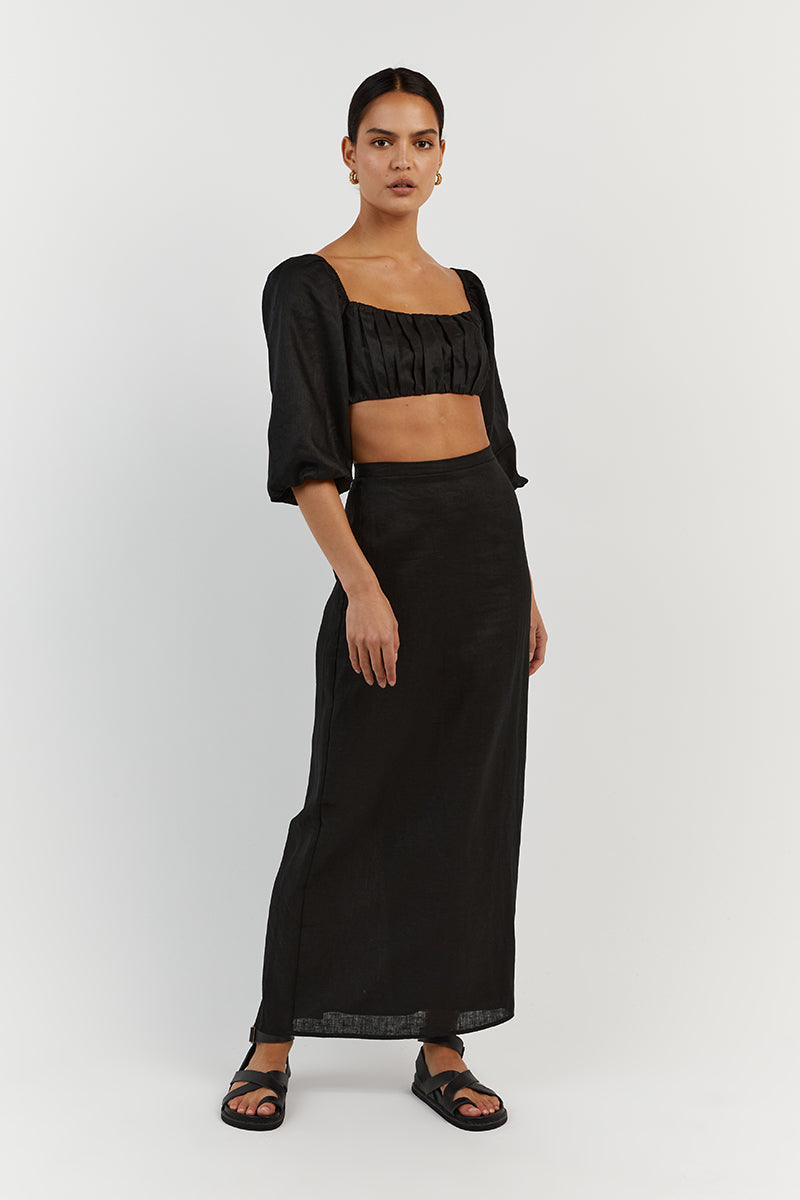 Black Linen Bubble Sleeve Crop Top | Square Neck Ruched Bust