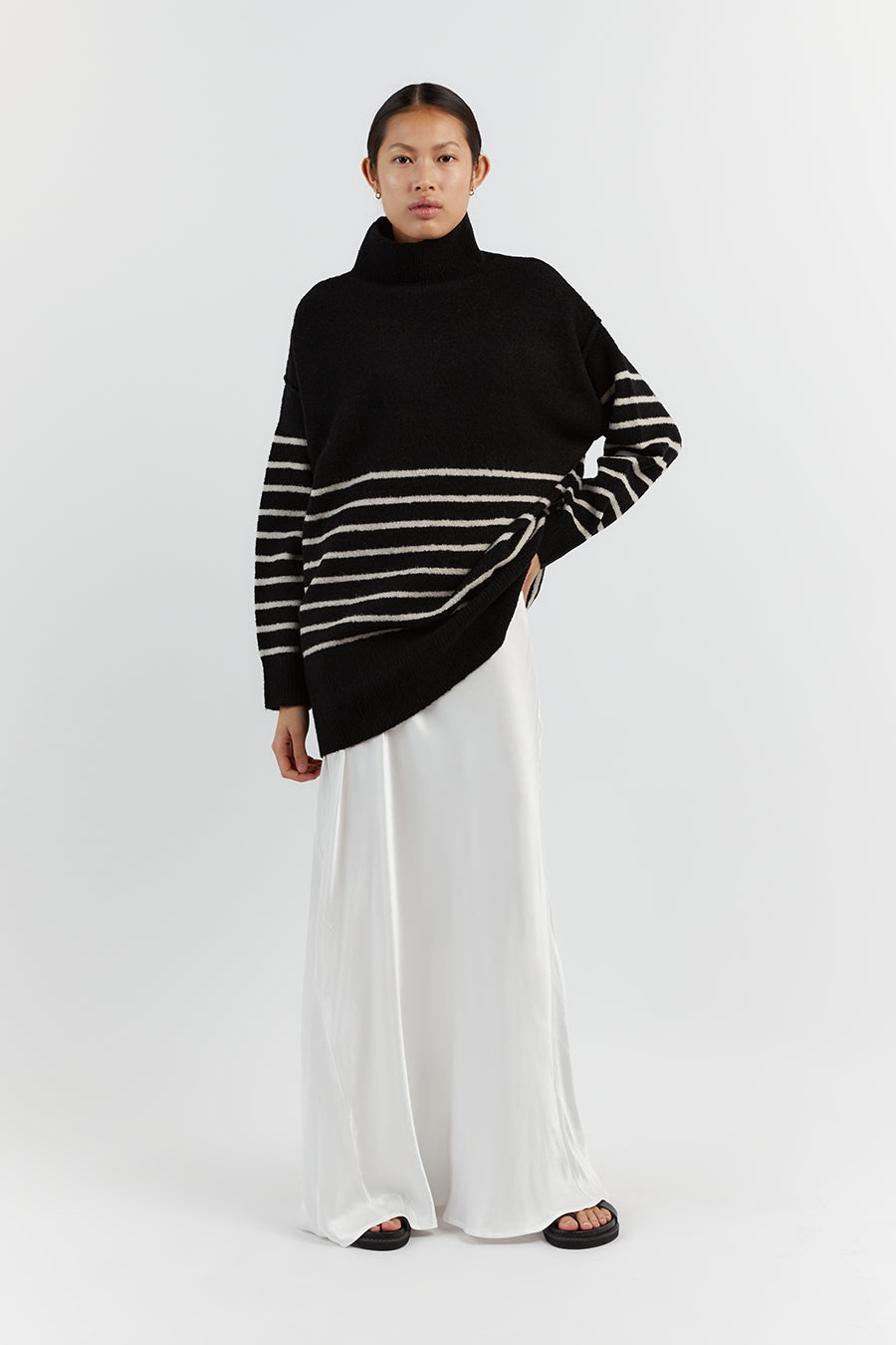 Brooklyn Oversized Turtleneck Wool Jumper - Black & Stone Stripe