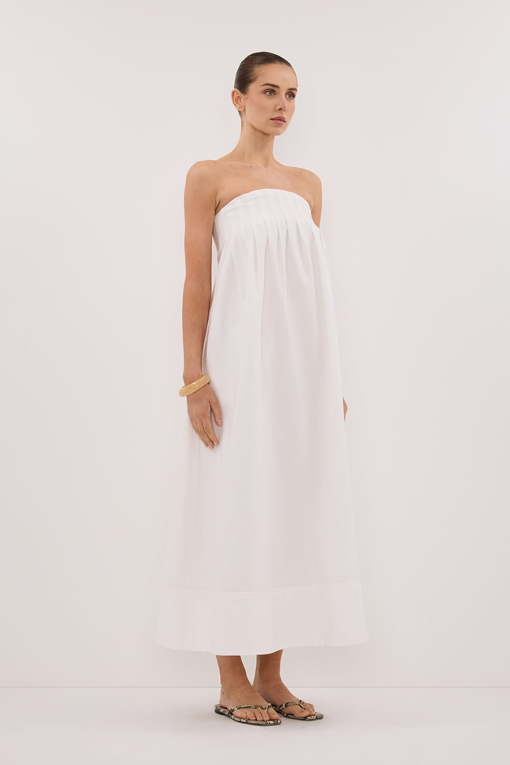 Morgan White Strapless Midi Dress with Pleated Bust & Side Pockets