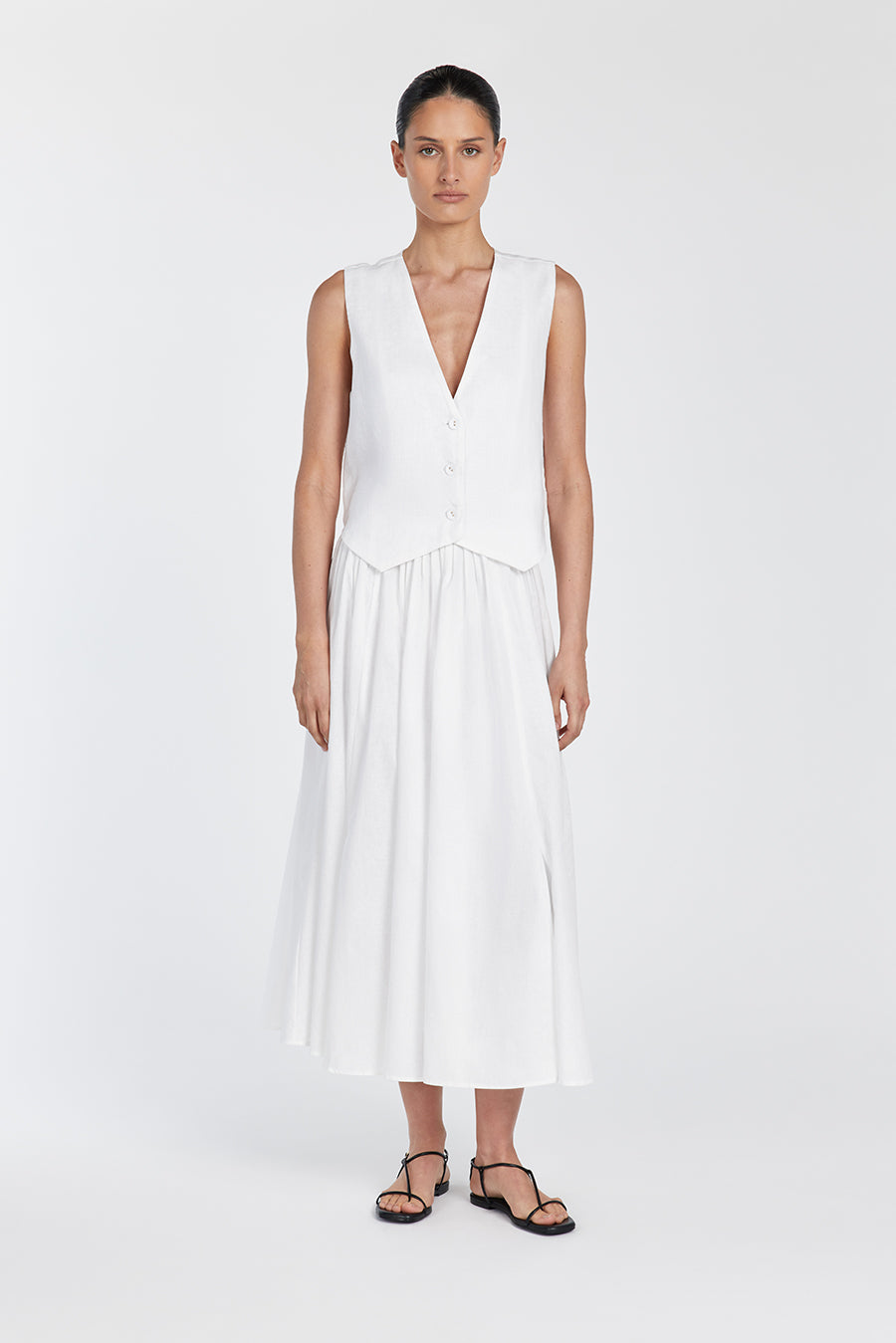 Banks Women's White Linen Vest - Button Front V-Neck Sleeveless