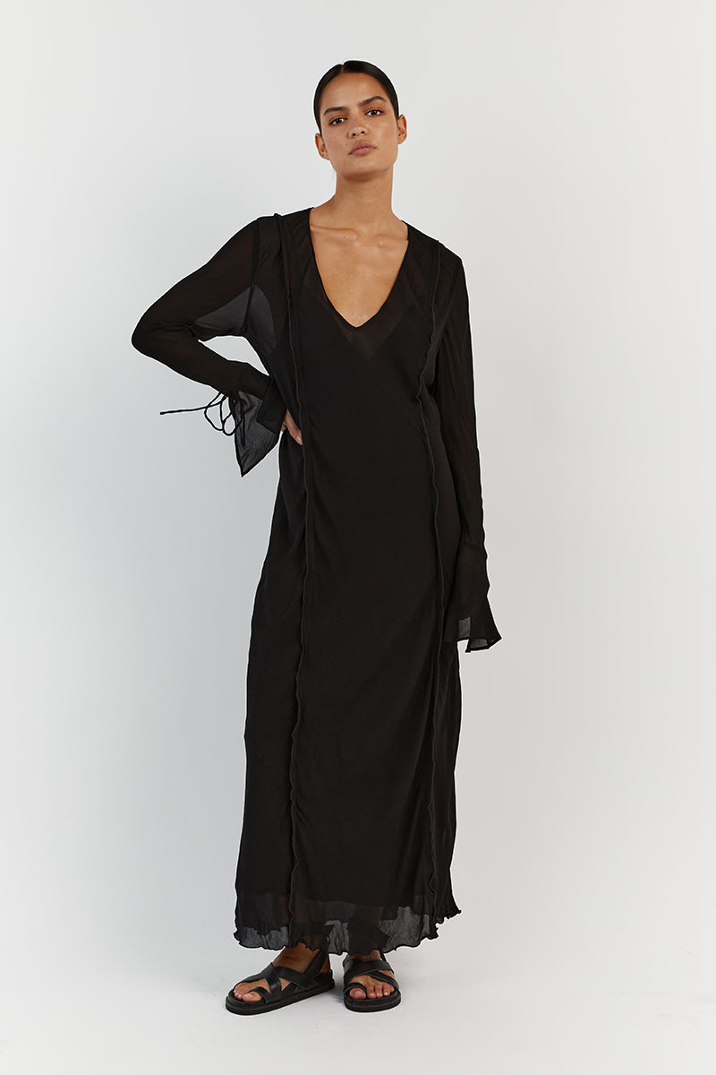 Black Sheer V-Neck Midi Dress with Adjustable Tie Sleeves