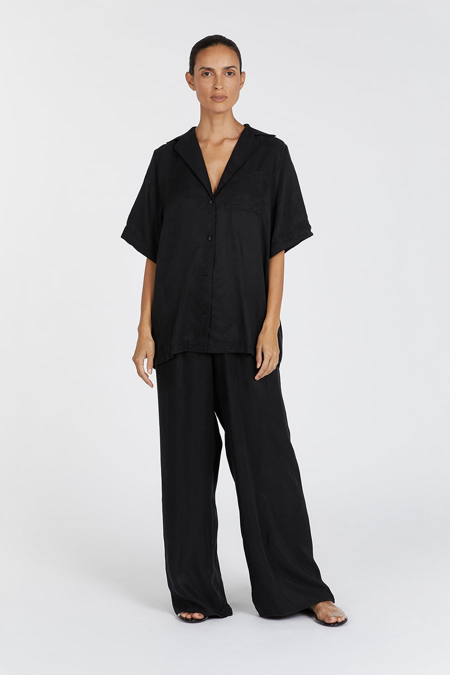 Kingston Black Cupro Short Sleeve Shirt - Oversized Fit & Point Collar