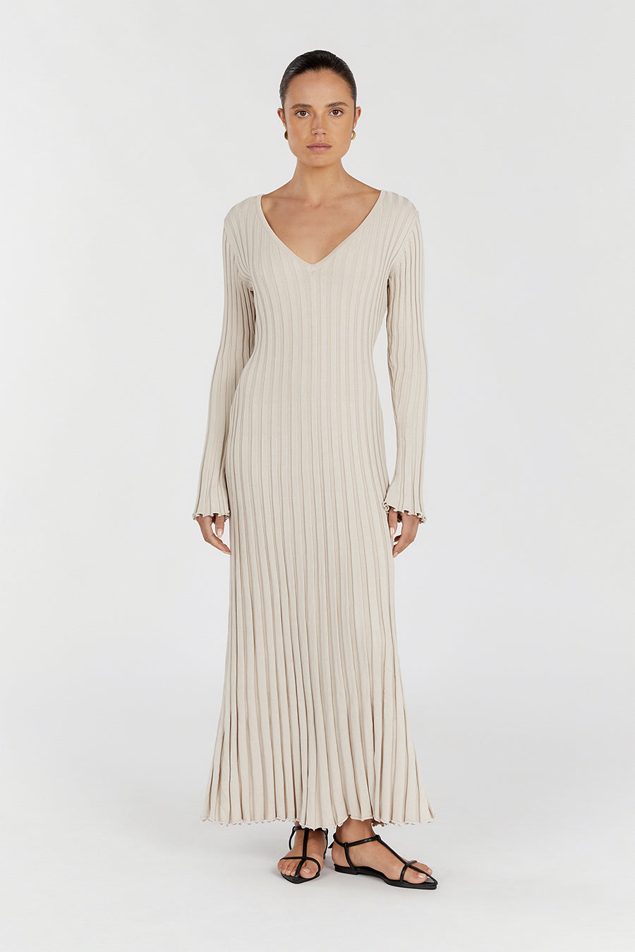 Reign Stone Long Sleeve Knit Midi Dress with Tie Waist