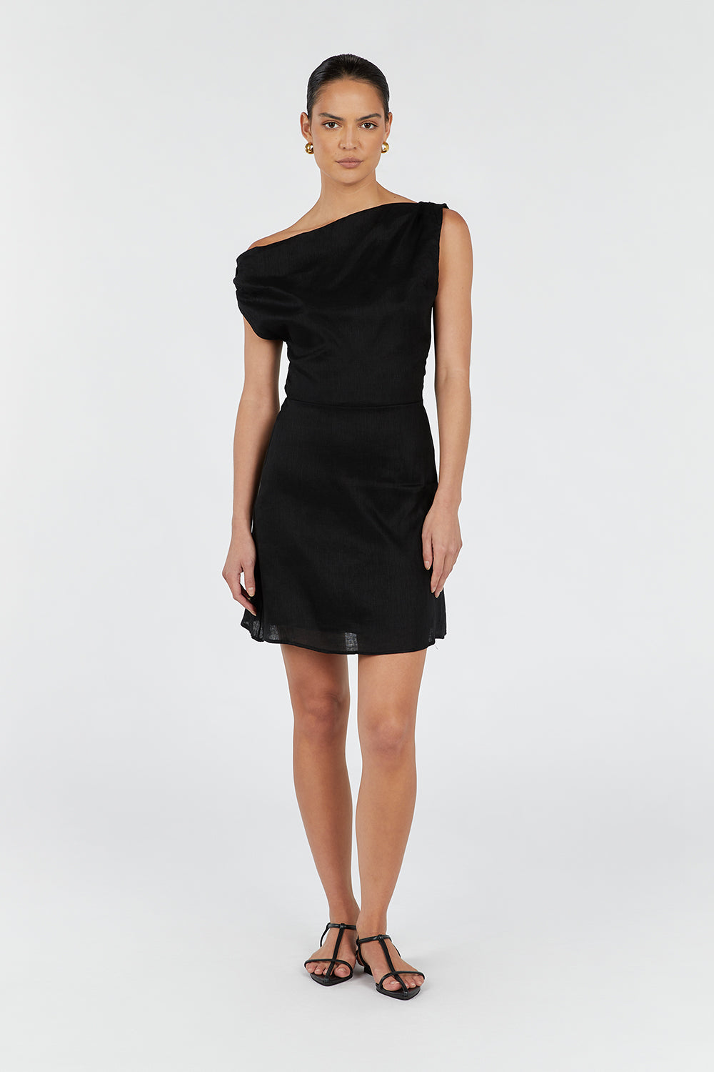 Black Asymmetrical Linen Mini Dress - One Shoulder & Fitted Waist