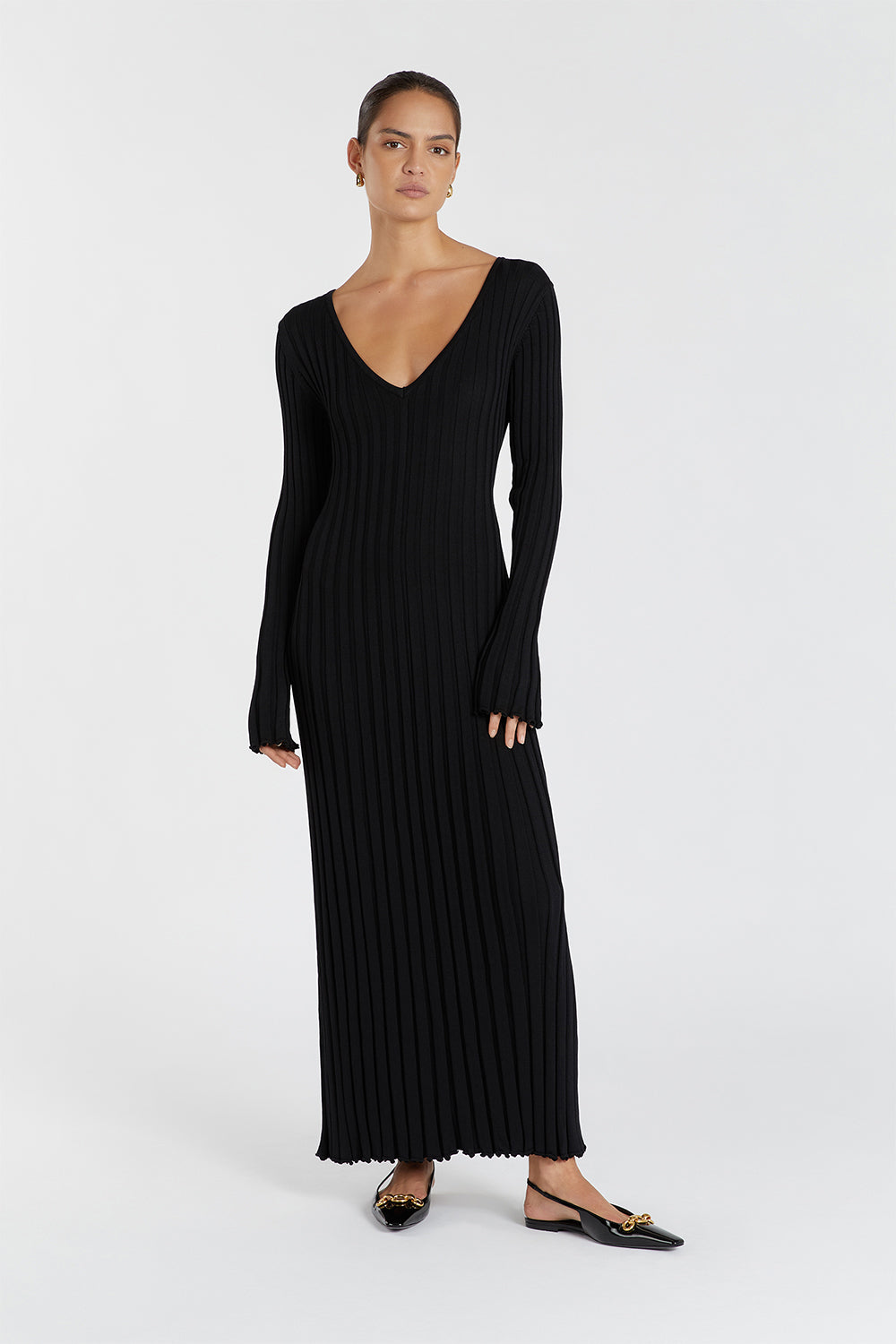 Reign Black Sleeved Knit Midi Dress with V-Neck & Adjustable Tie