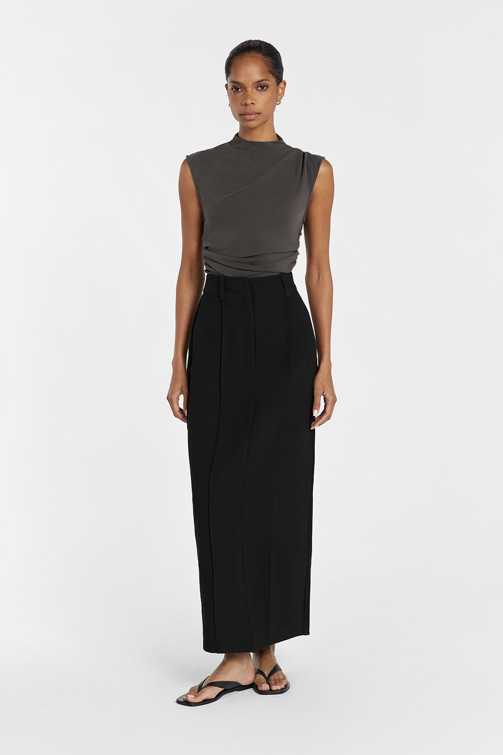 Rowan High Waisted Black Midi Skirt with Back Split