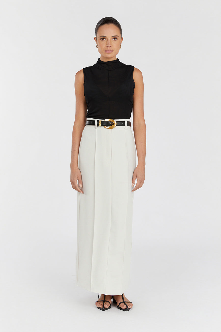 Rowan High Waisted Bone Midi Skirt with Back Split