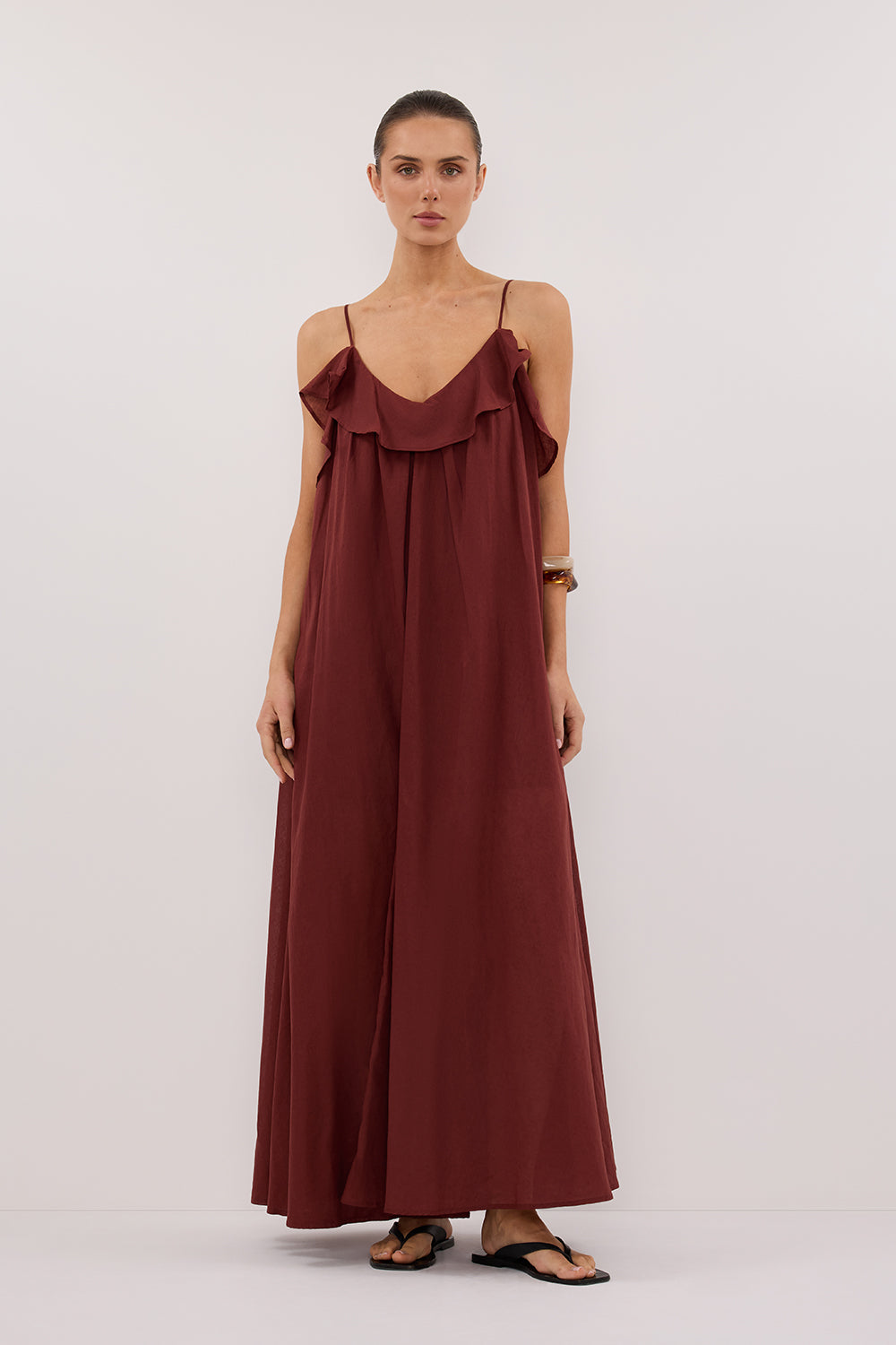Capri Sahara Linen Blend Maxi Dress with V-Neck & Ruffle Details