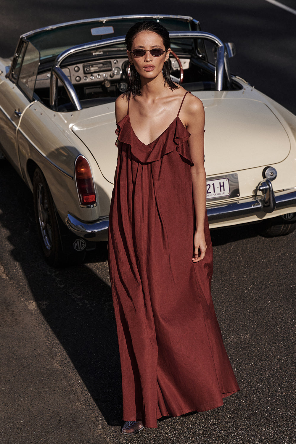 Capri Sahara Linen Blend Maxi Dress with V-Neck & Ruffle Details