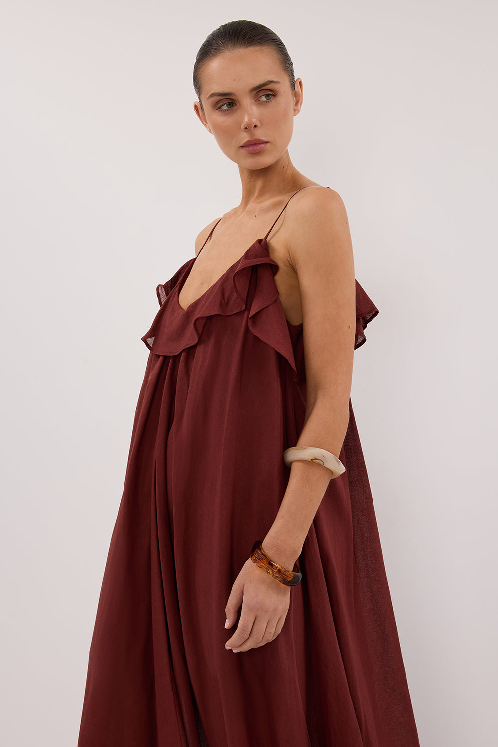 Capri Sahara Linen Blend Maxi Dress with V-Neck & Ruffle Details