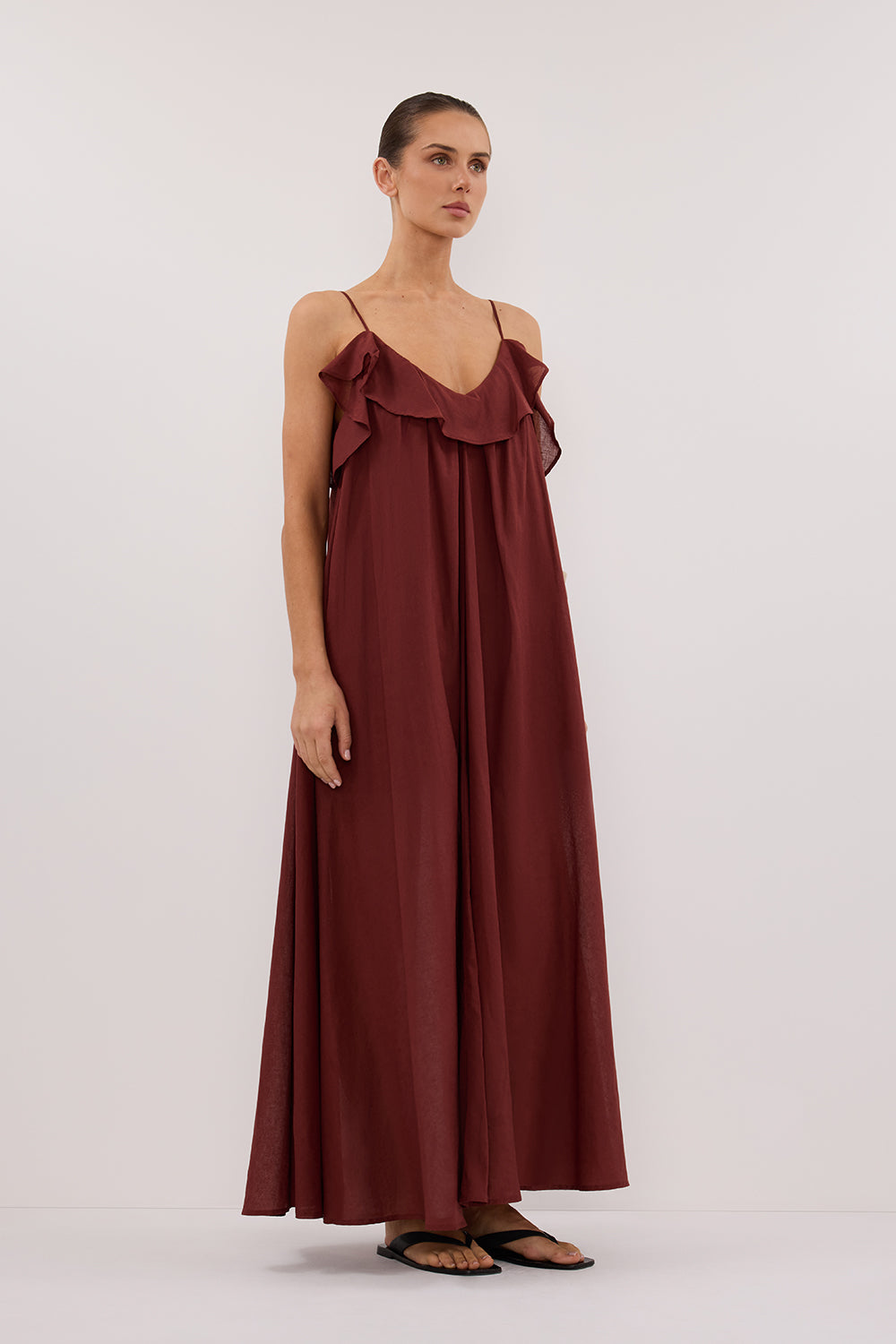 Capri Sahara Linen Blend Maxi Dress with V-Neck & Ruffle Details