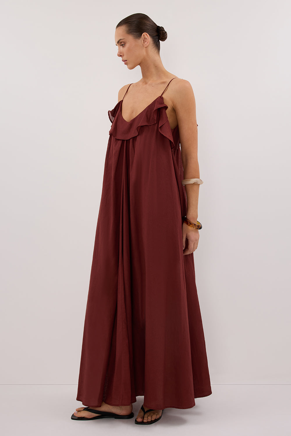 Capri Sahara Linen Blend Maxi Dress with V-Neck & Ruffle Details