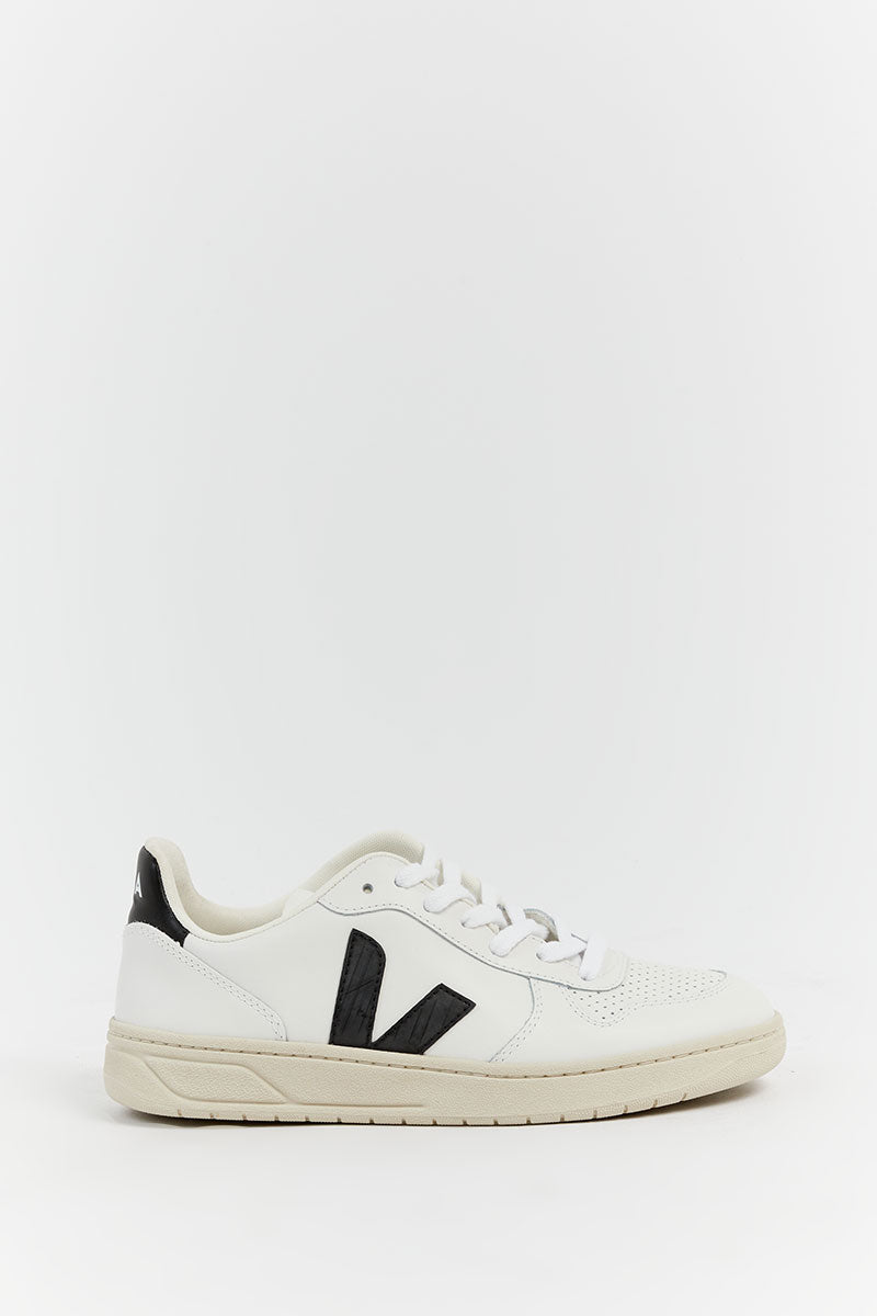 VEJA V-10 Leather Sneakers in White & Black
