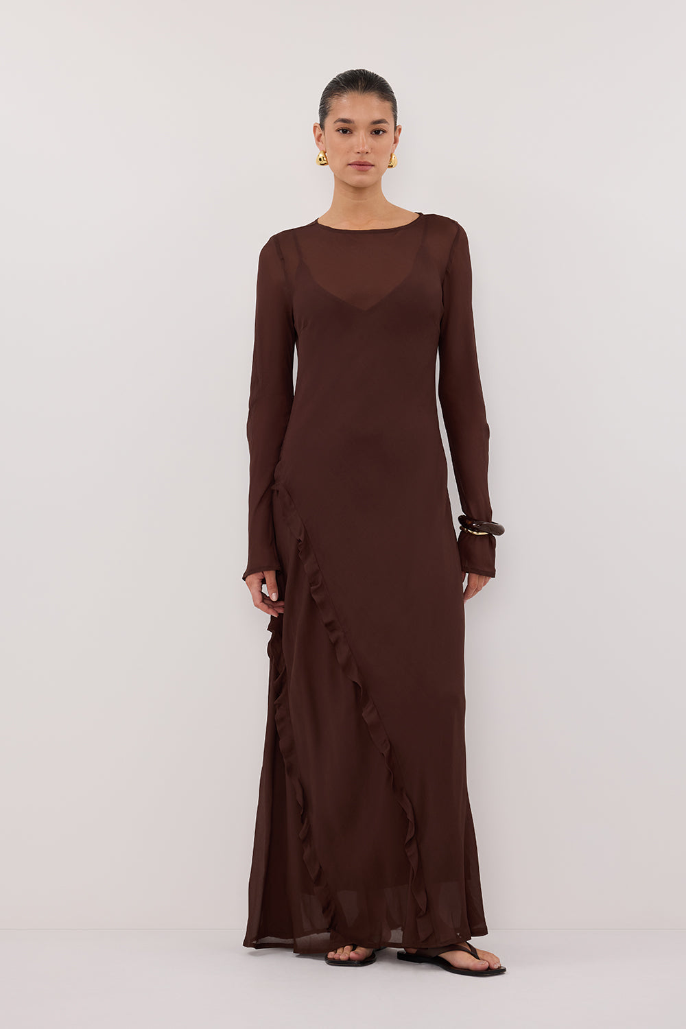 Marissa Chocolate Long Sleeve Maxi Dress with Ruffle Detail