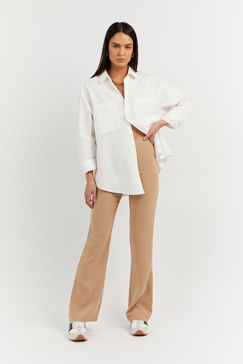 Hicks High Waisted Camel Crepe Flare Pants - Beige Polyester Blend