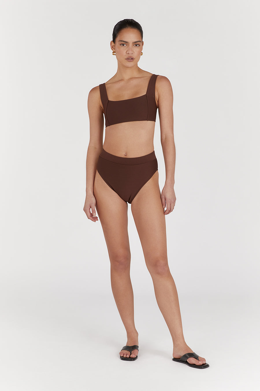Amaya High Waisted Recycled Bikini Bottom - Chocolate Ribbed Brief
