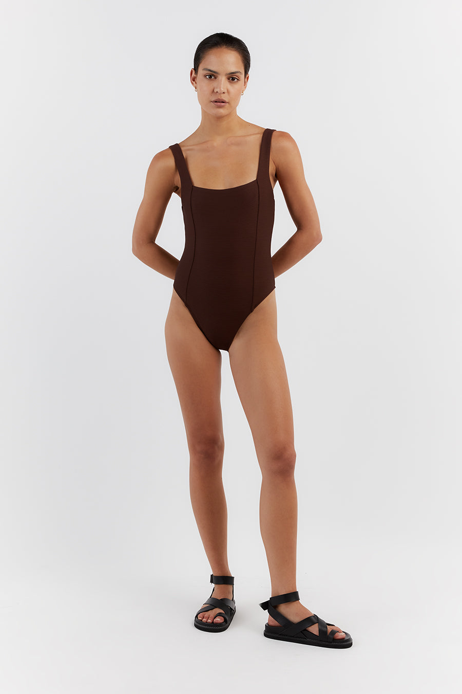 Amaya Sustainable Square Neck One Piece Swimsuit in Chocolate Brown