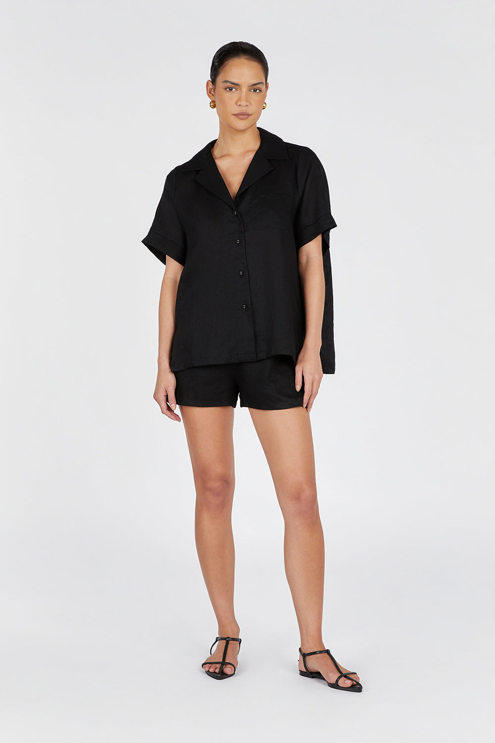 Campbell Black Linen Shirt - Oversized Fit, Short Sleeve, Point Collar