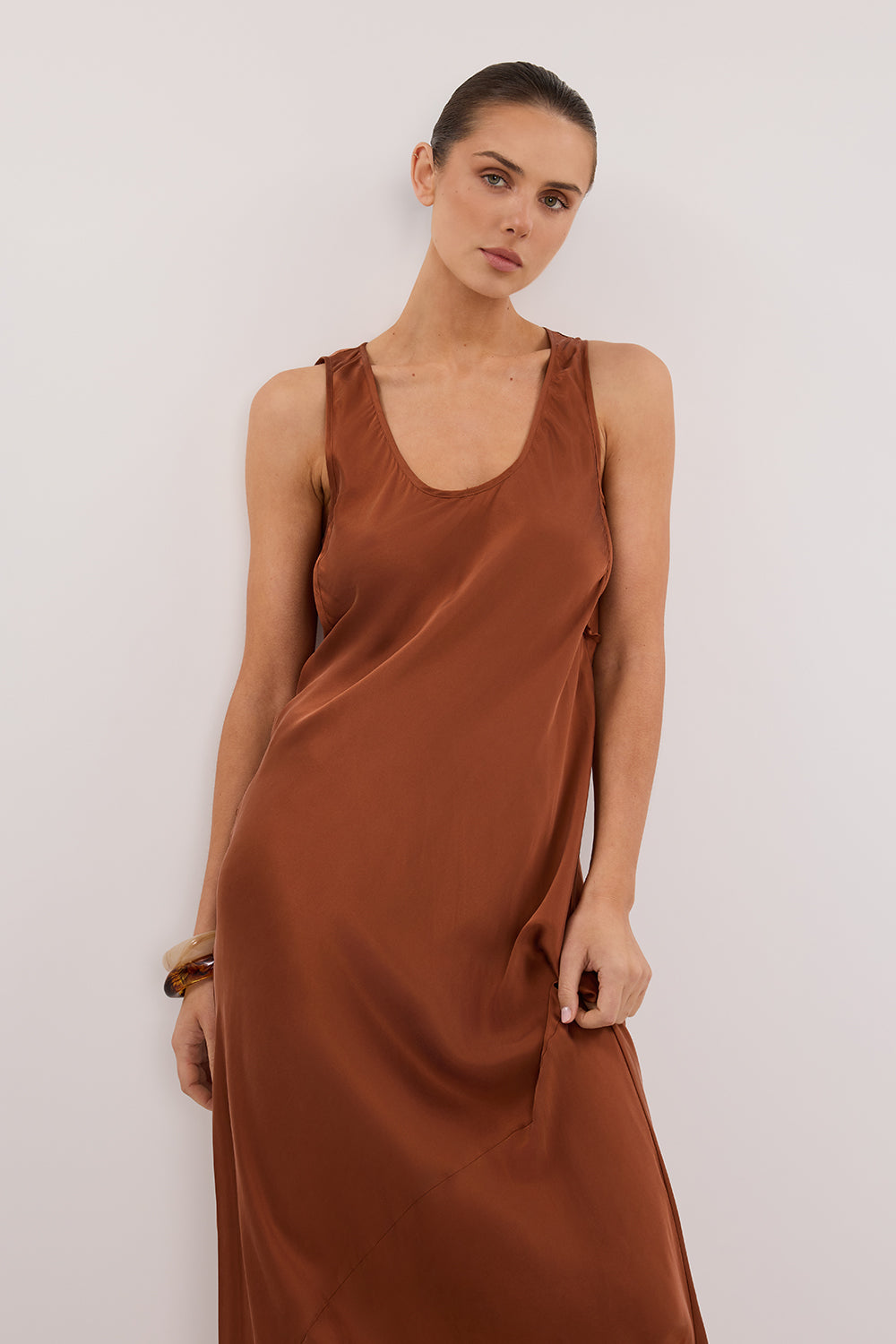 Darcy Rust Sleeveless Silk Maxi Dress with Scoop Neck