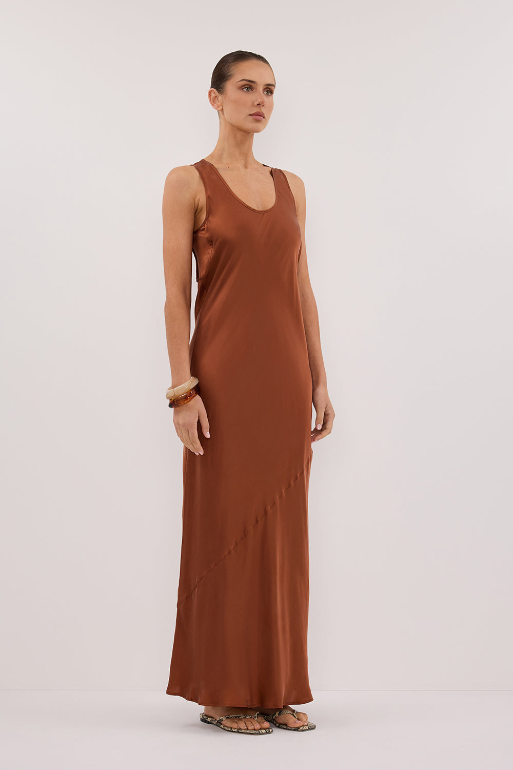 Darcy Rust Sleeveless Silk Maxi Dress with Scoop Neck