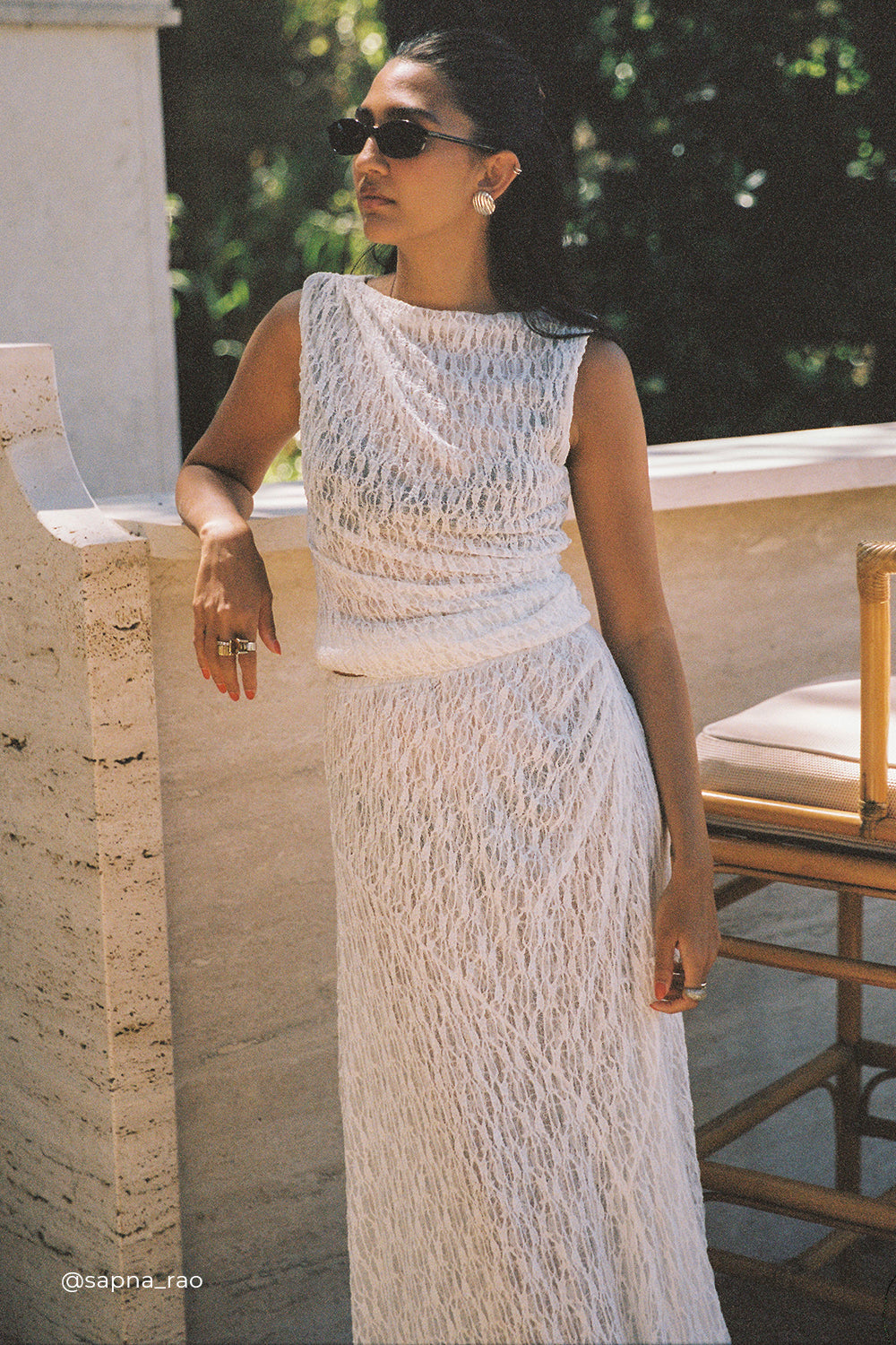 Lizzie White Lace Sleeveless Top with Boat Neck & Rouched Sides