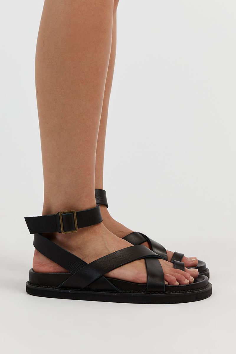 Bali Tailor Leni Black Leather Sandals with Ankle Strap