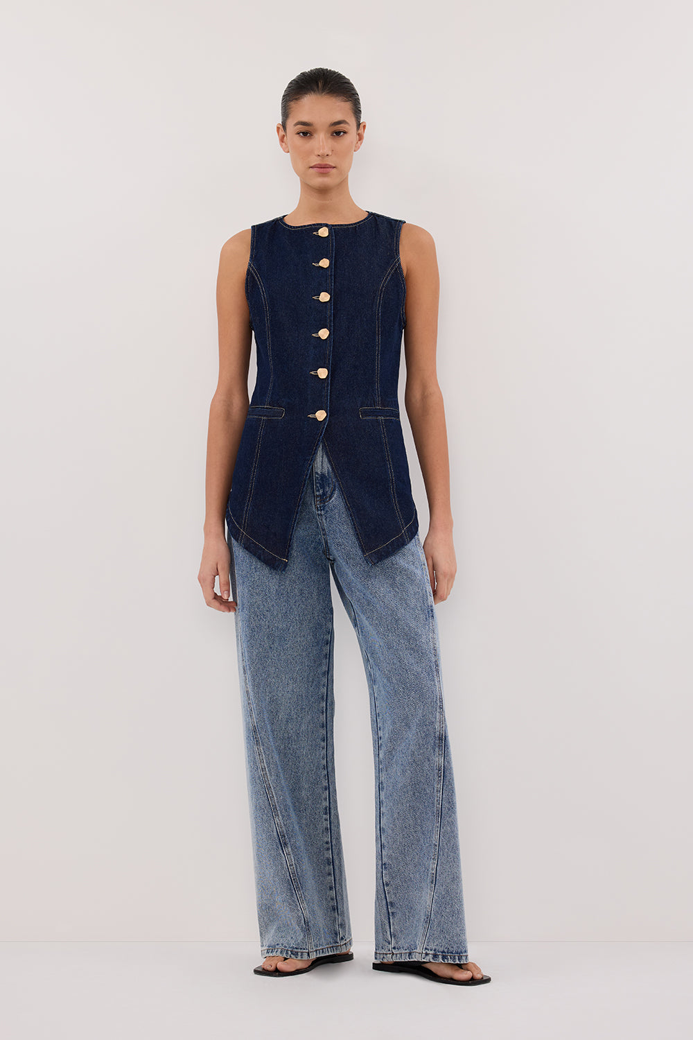 Olly Women's Indigo Denim Vest with Waist Tie & Pockets