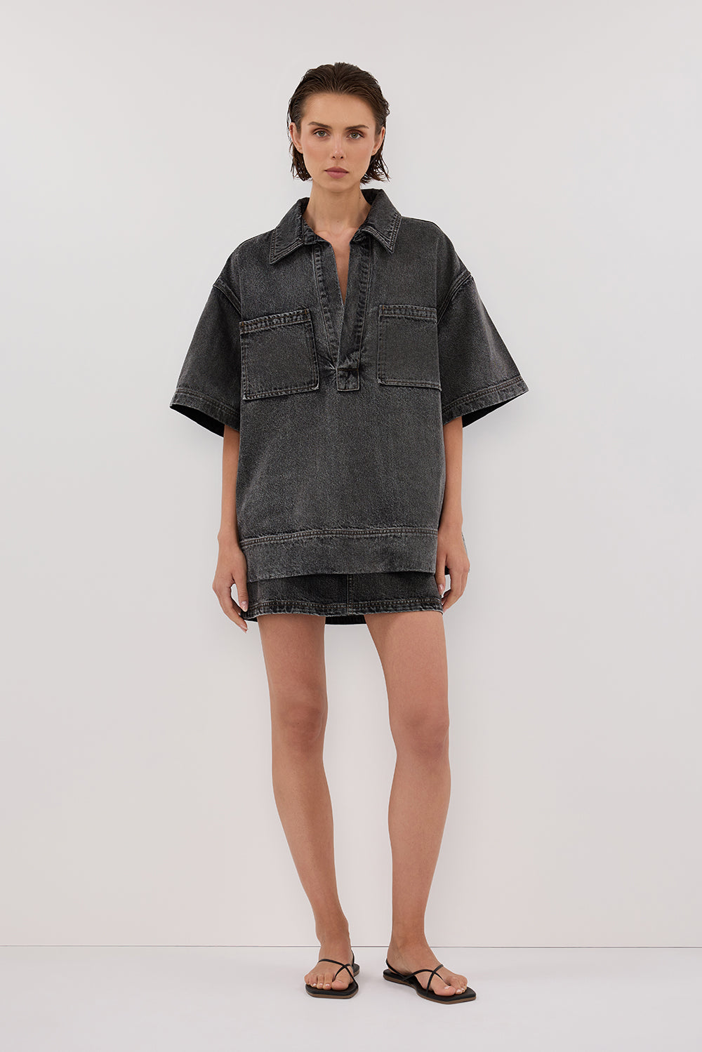 Men's Black Washed Denim Shirt - Boxy Fit Short Sleeve