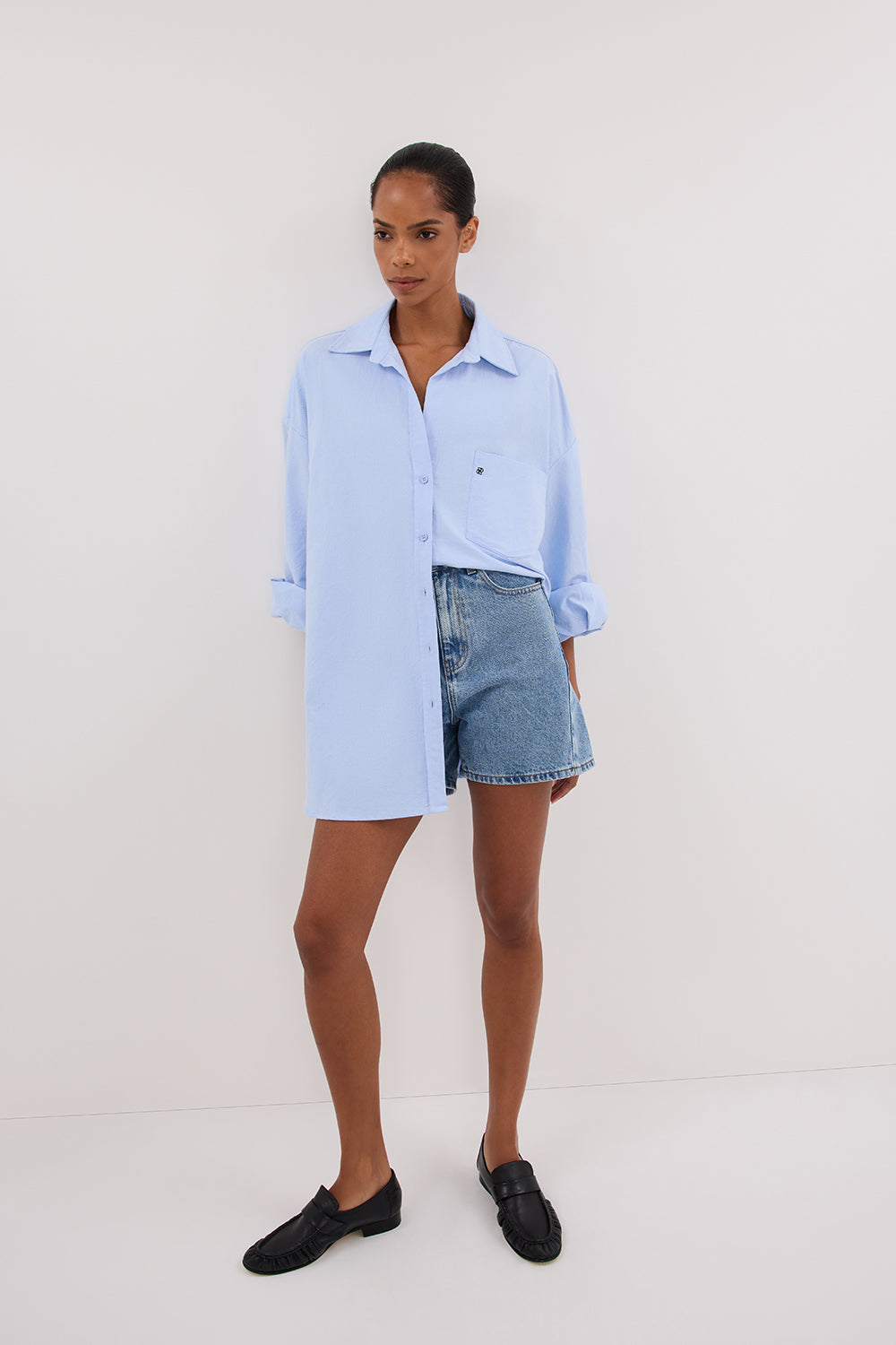 DISSH Finn High Rise Blue Denim Shorts with Side Seam Detail