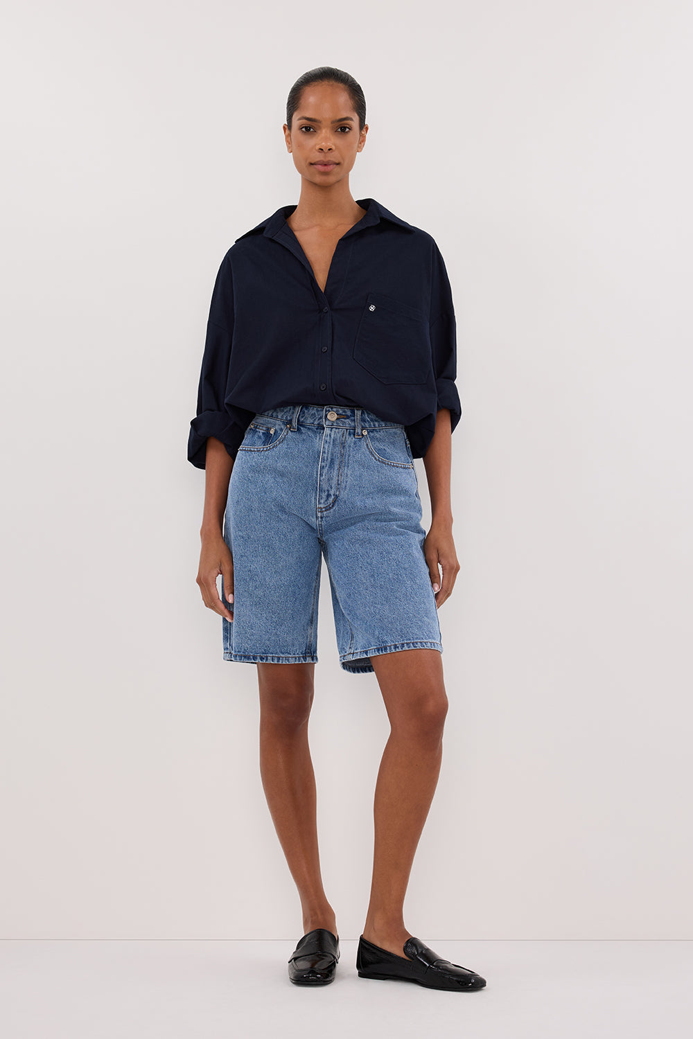 Bamboo Blue Bermuda Denim Shorts - Mid Rise 5-Pocket Design